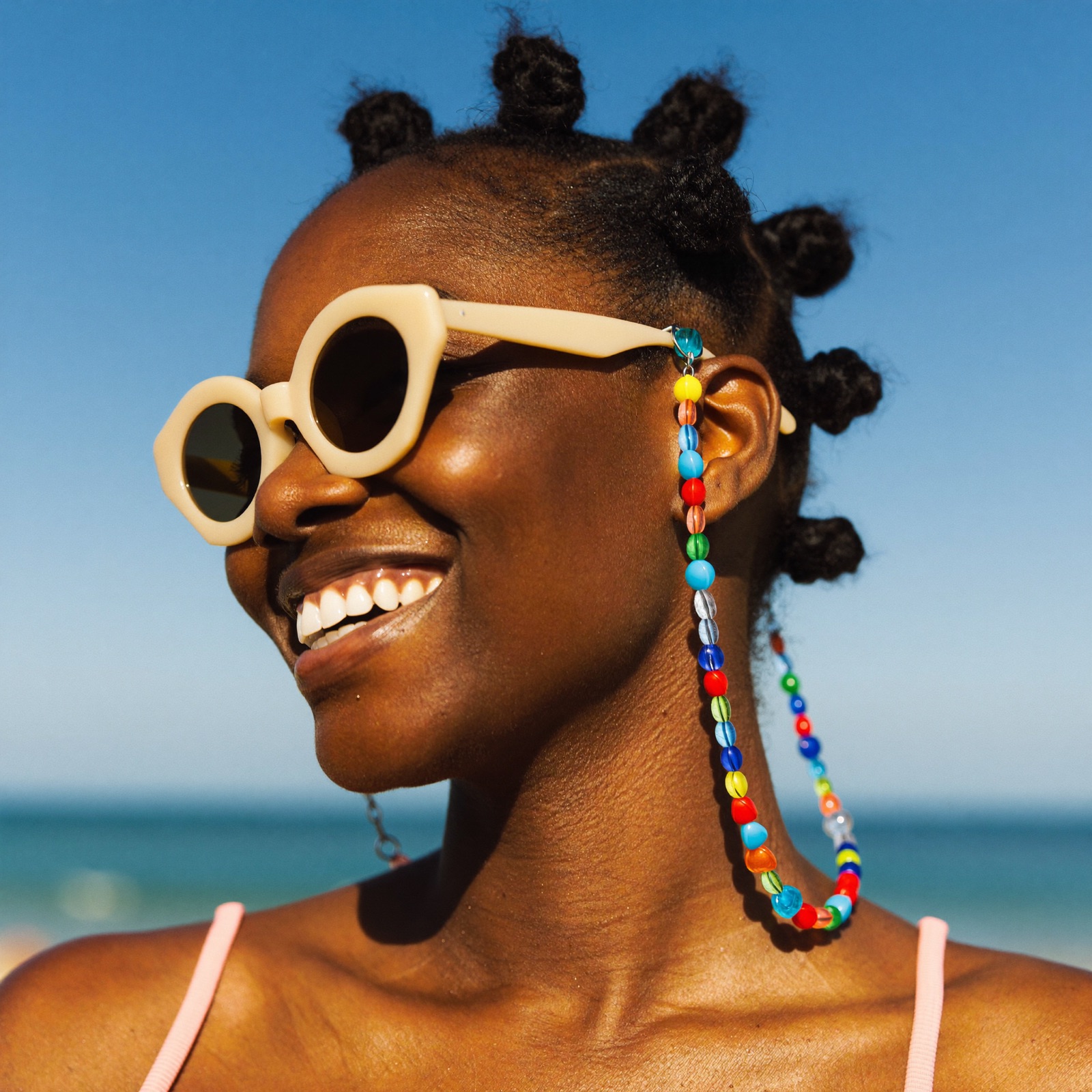 A smiling woman in sunglasses on the beach